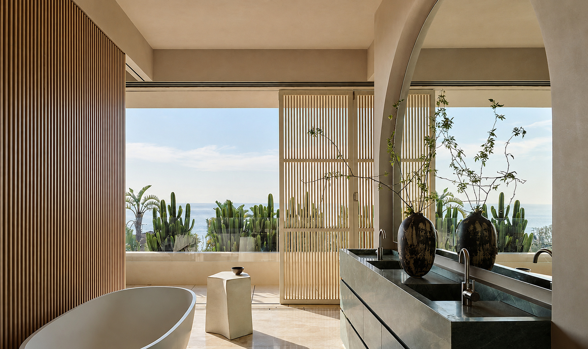 Ocean-view bathroom with a freestanding bath, dark vanity and timber screens