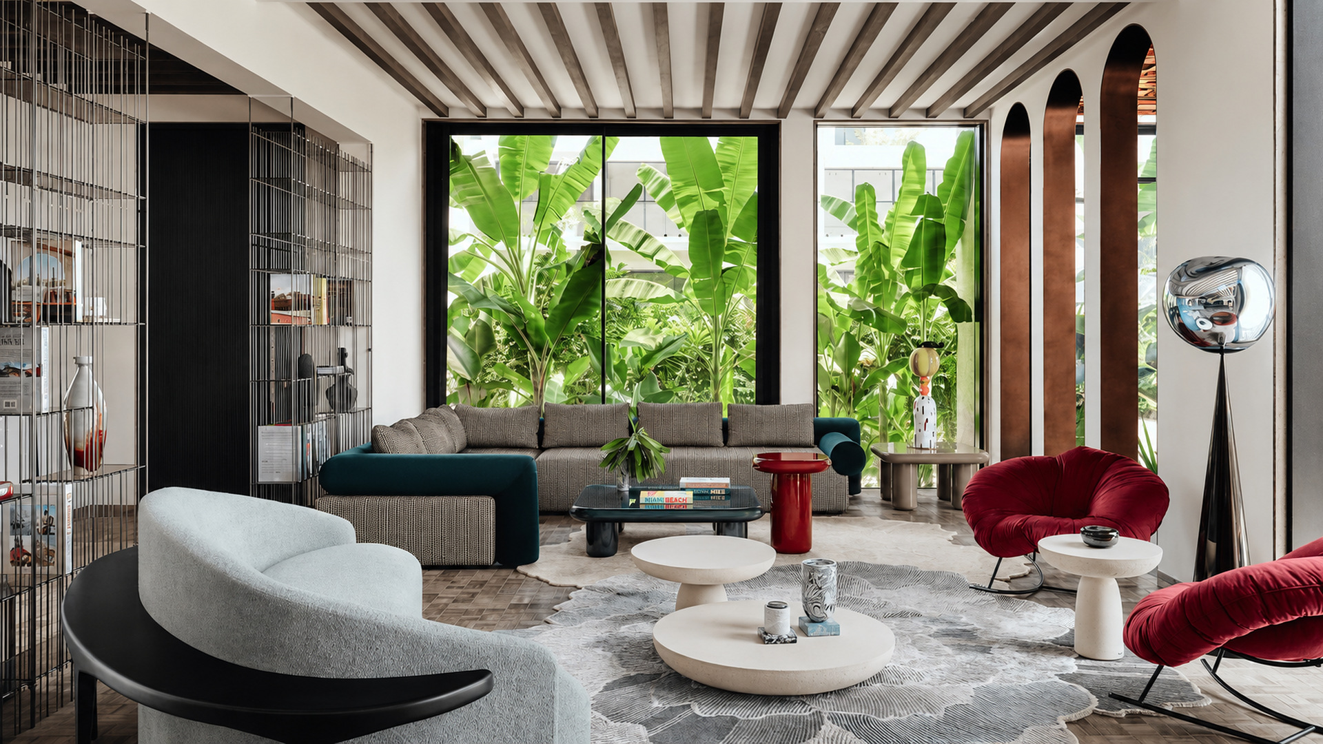 Colour-rich tropical modern living room in an Indian villa
