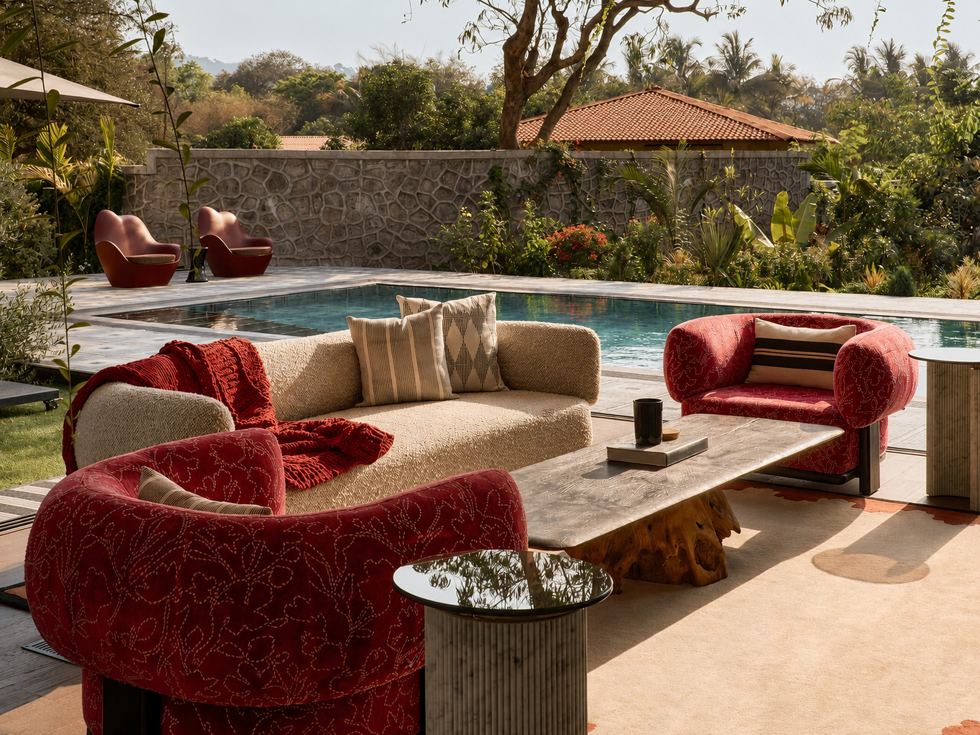 Sculptural poolside lounge furniture at a tropical modern villa in India