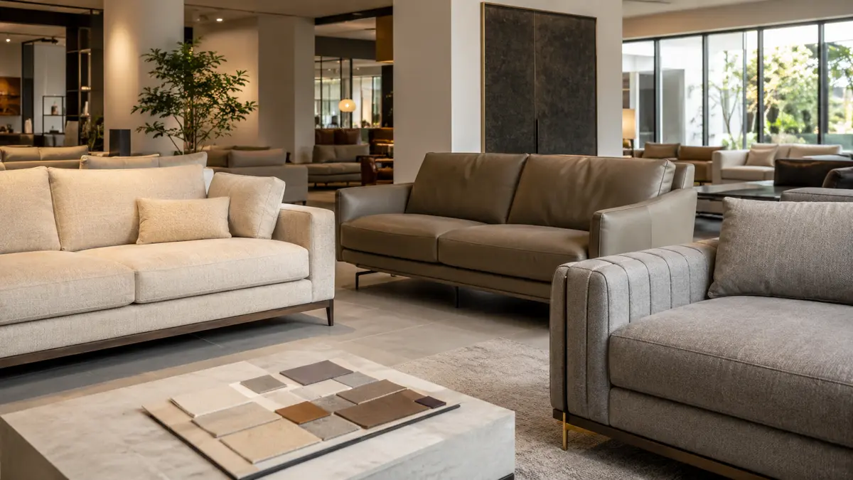Modern sofa from China displayed in a Foshan furniture showroom