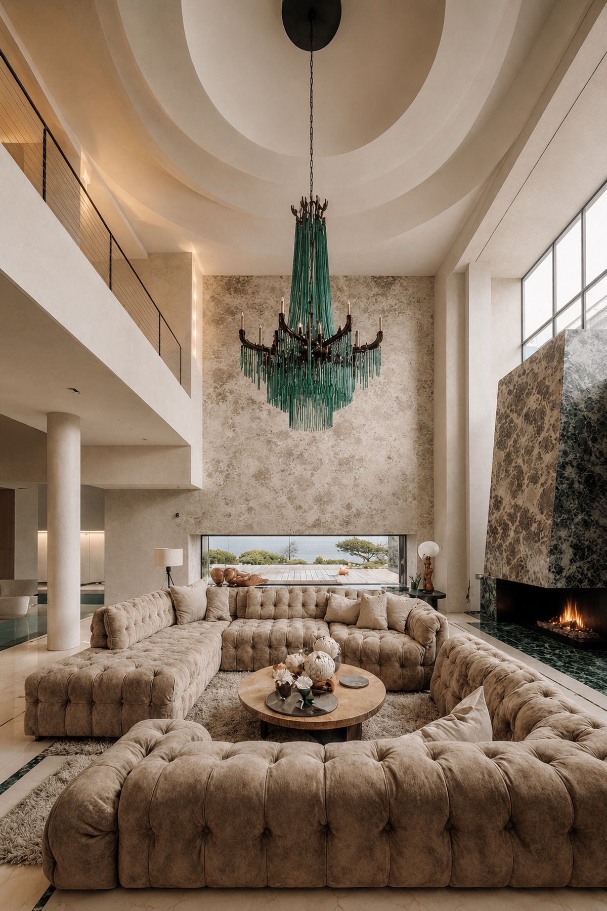 Double-height living salon with a custom sectional sofa and emerald chandelier in a UAE villa