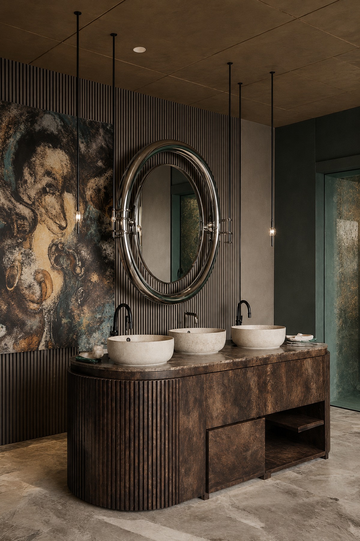 Luxury double vanity with custom timber joinery and sculptural mirrors in a UAE villa
