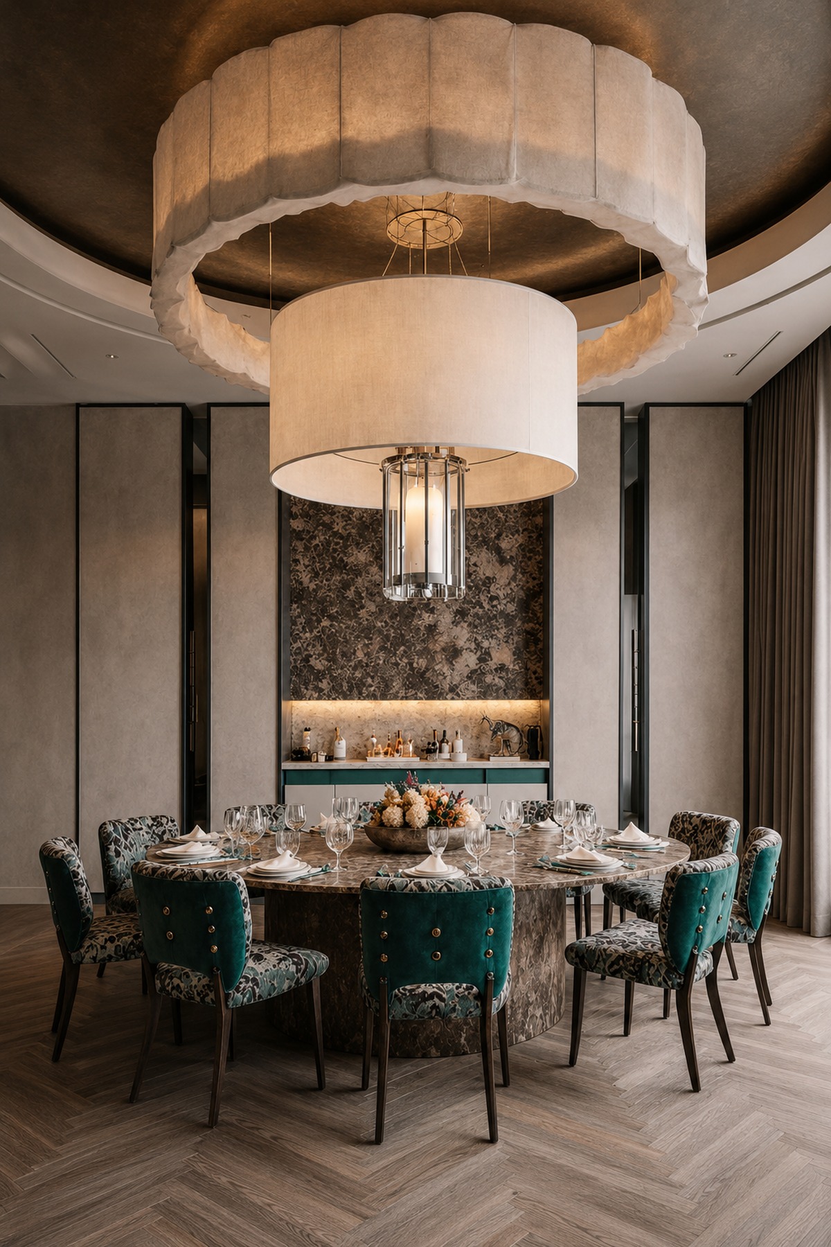 UAE luxury villa furniture sourcing brief with a bespoke formal dining room and sculptural chandelier