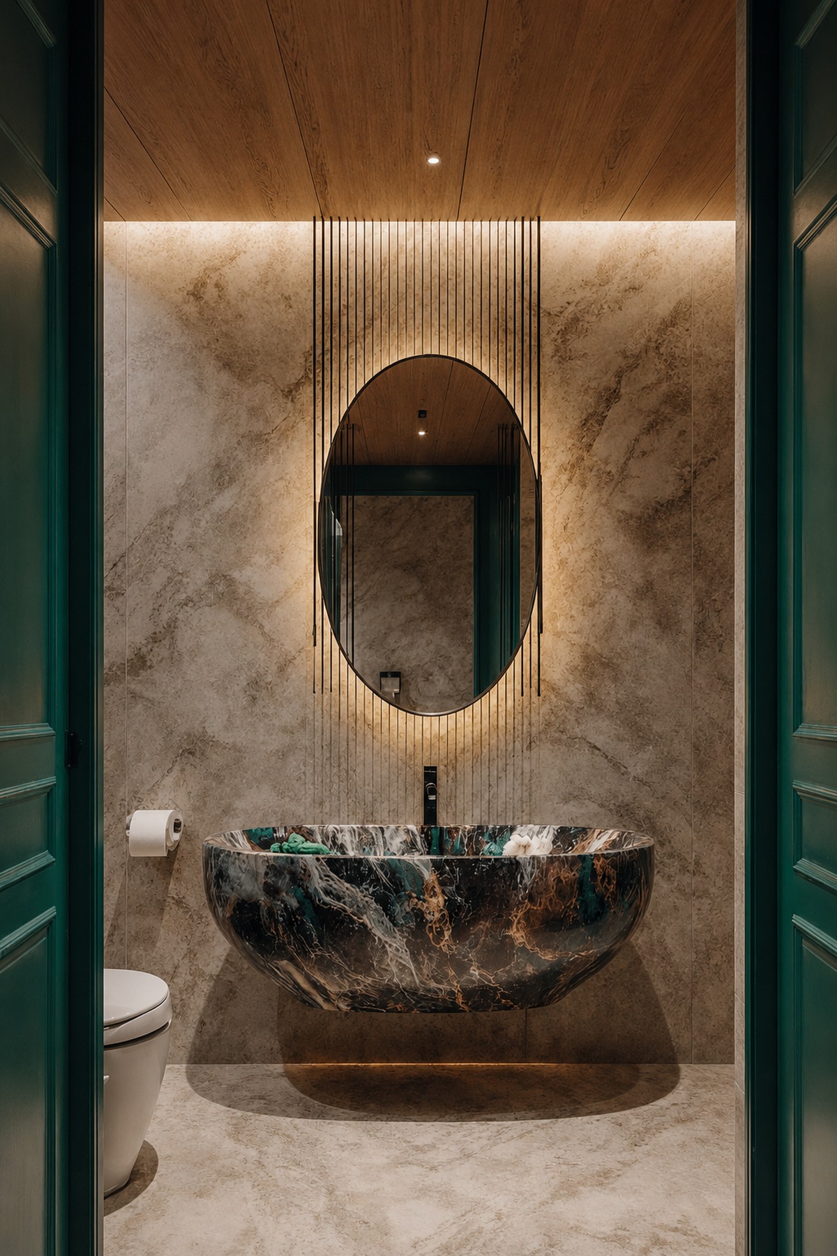 Powder room with a dramatic stone basin and illuminated mirror in a UAE villa