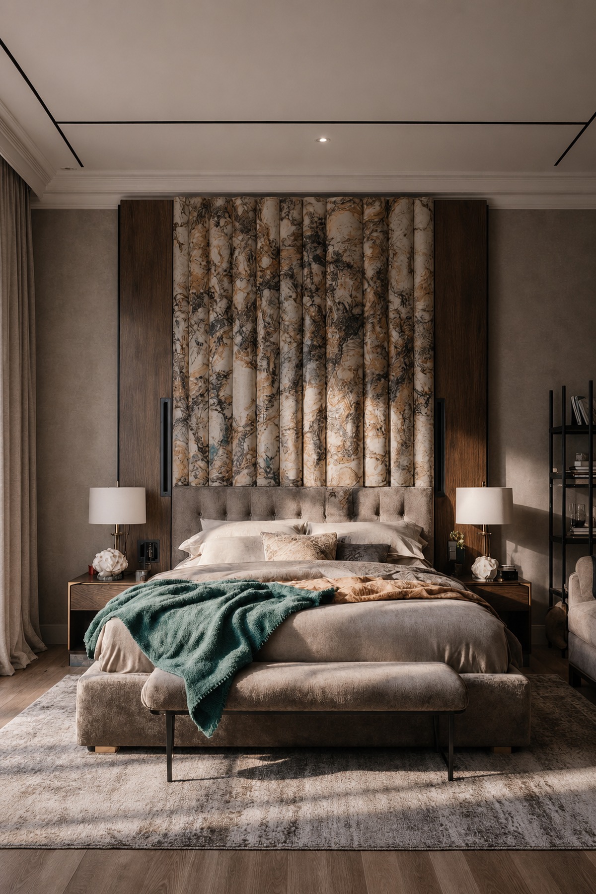Principal bedroom with tailored upholstery and a veined stone feature wall in a UAE villa